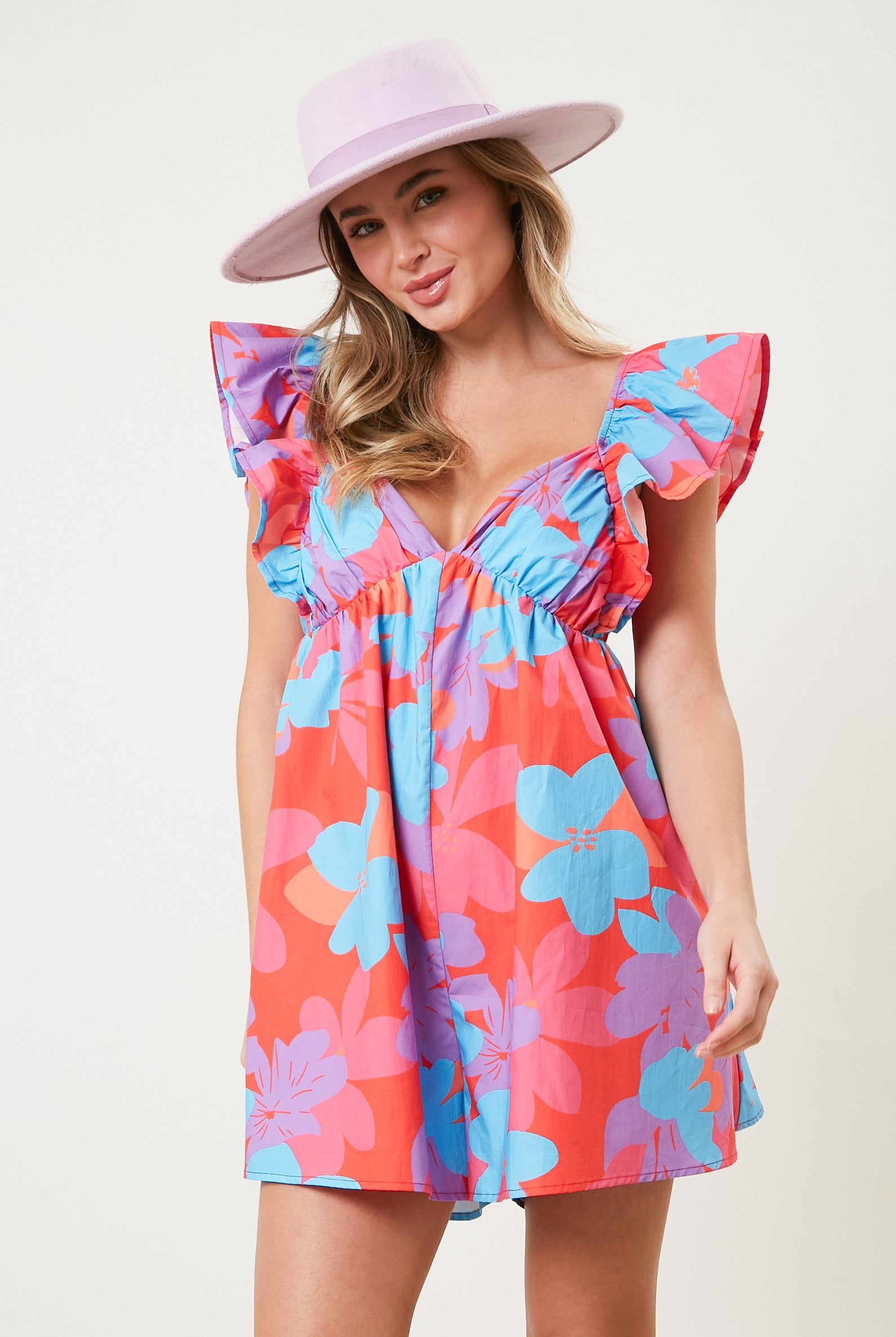Mila Poplin Floral Print Ruffle Sleeve Romper - Be You Boutique