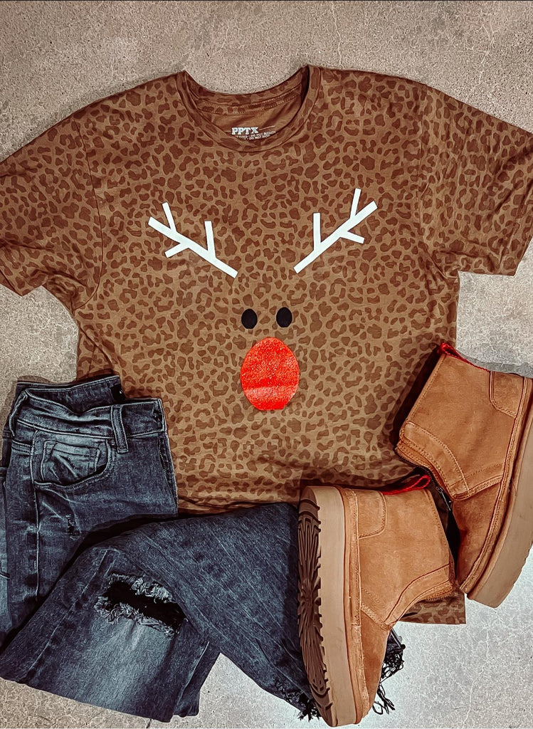 Animal Print Reindeer Glitter Nose Christmas Graphic Tee - Be You Boutique