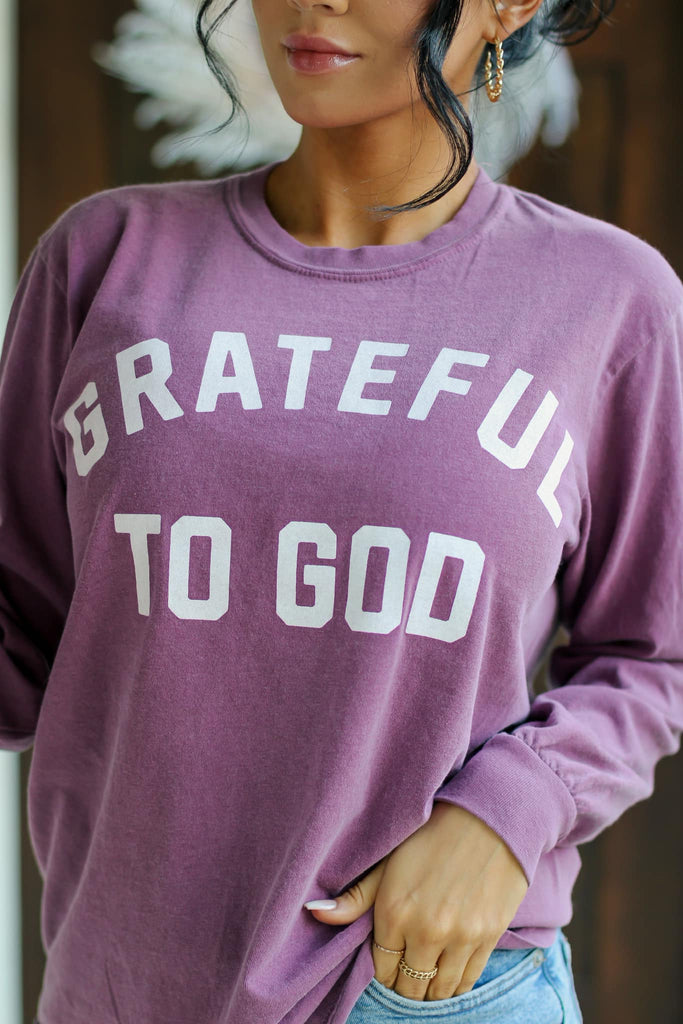 Grateful To God Berry Long Sleeve Comfort Color Graphic Tee - Be You Boutique