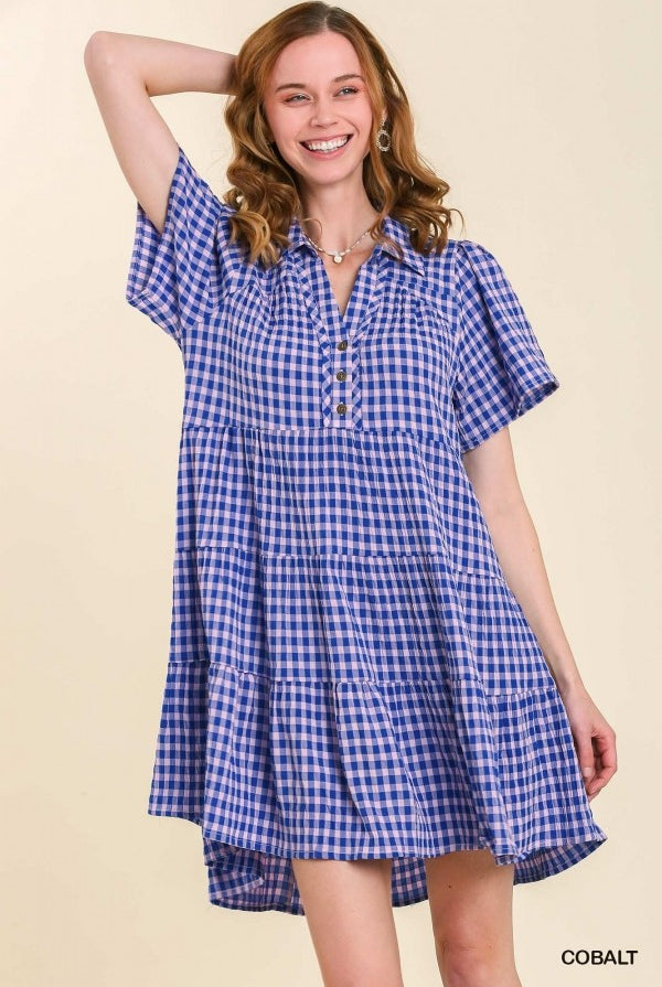 Michelle Gingham Tiered Collared Button Short Sleeve Dress - Be You Boutique