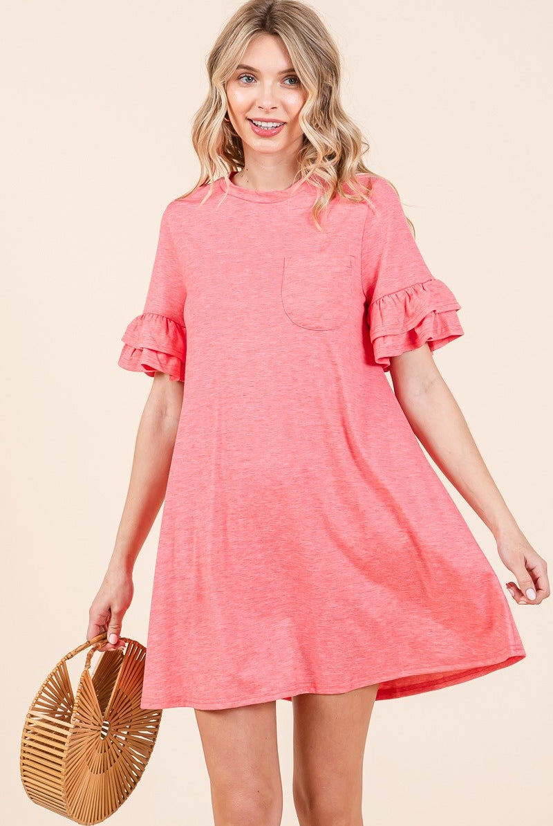 Melvis French Terry Ruffle Pocket Tee Shirt Dress - Be You Boutique