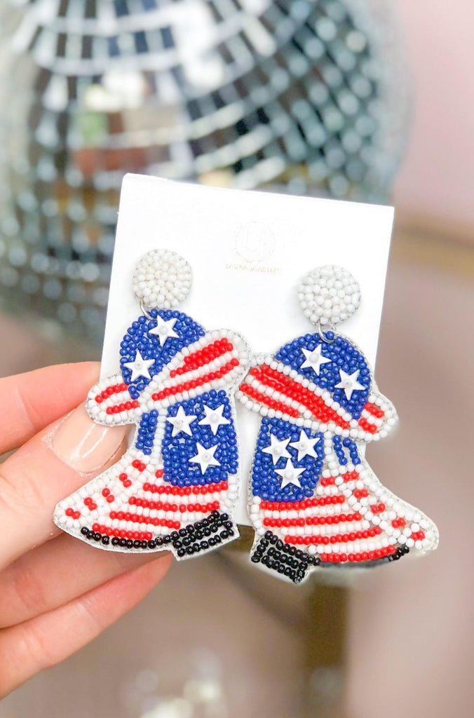 4th of July Red / White/ Blue Cowboy Boots and Hat Earrings - Be You Boutique