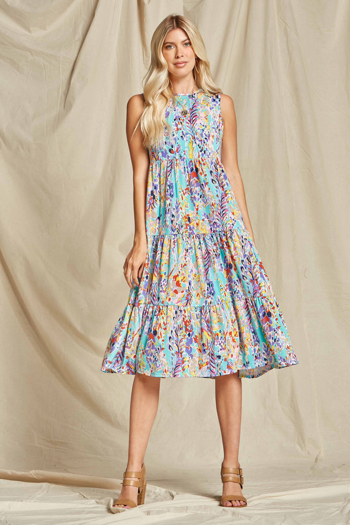 Layla Floral Round Neck Tiered Tank Midi Dress - Be You Boutique