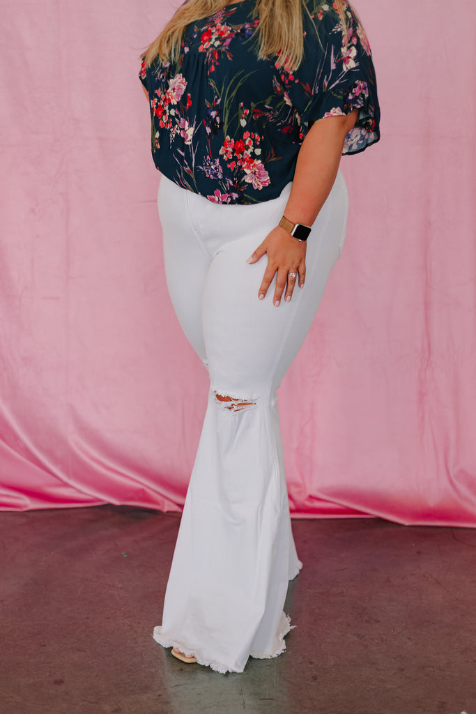 Vibrant Miu Juniper Distressed Flare Denim Jeans ~ White - Be You Boutique