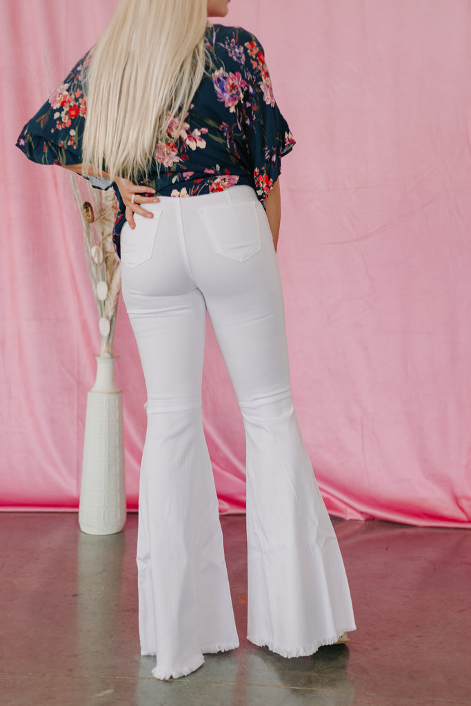 Vibrant Miu Juniper Distressed Flare Denim Jeans ~ White - Be You Boutique