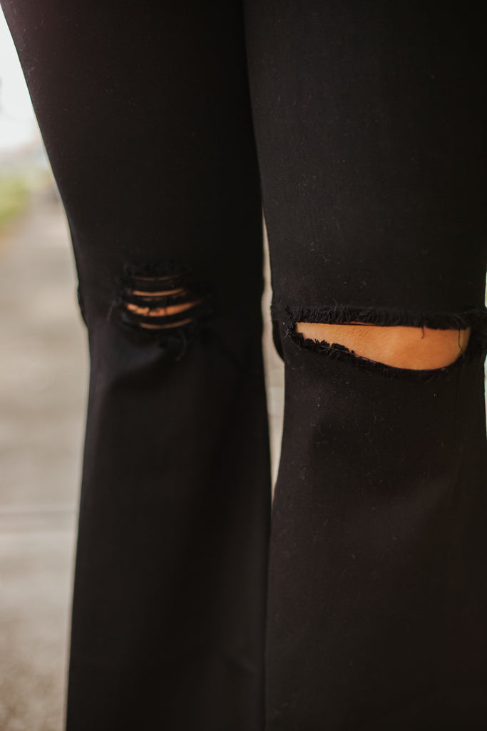 Vibrant Miu Juniper Distressed Flare Denim Jeans ~ Black - ShopBeYouBoutique