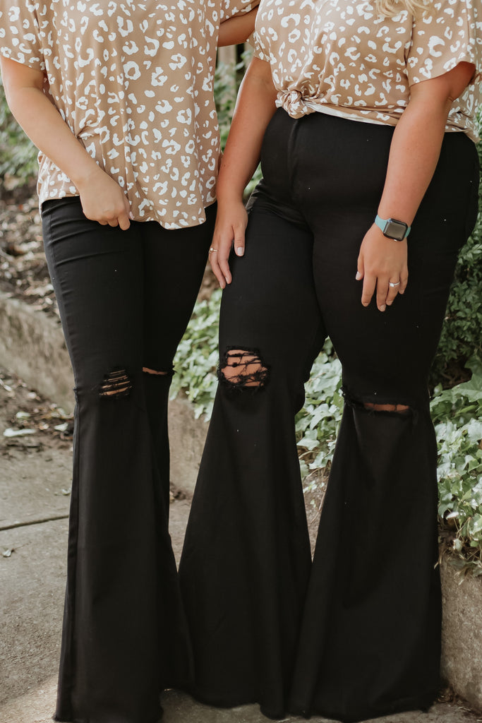 Vibrant Miu Juniper Distressed Flare Denim Jeans ~ Black - ShopBeYouBoutique