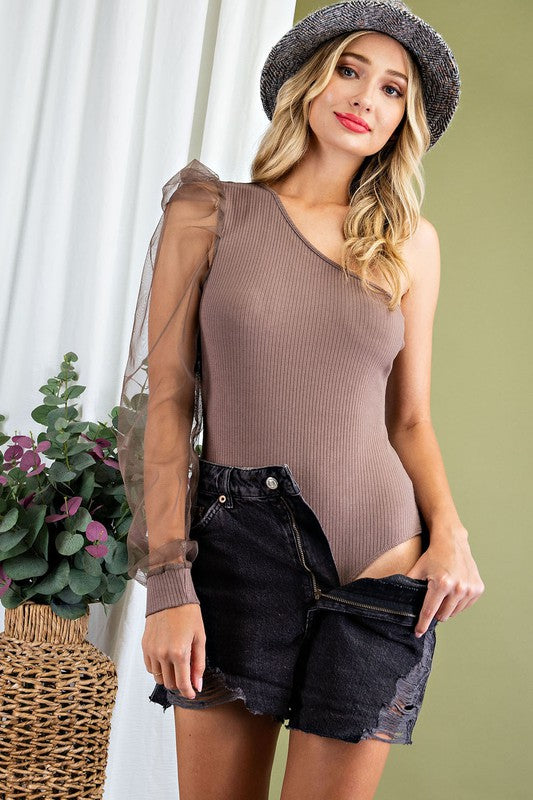 Melody One Shoulder Mesh Sleeve Bodysuit - Be You Boutique