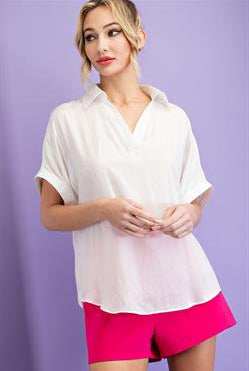 Marti Collared V Neck Short Sleeve Blouse Top - Be You Boutique