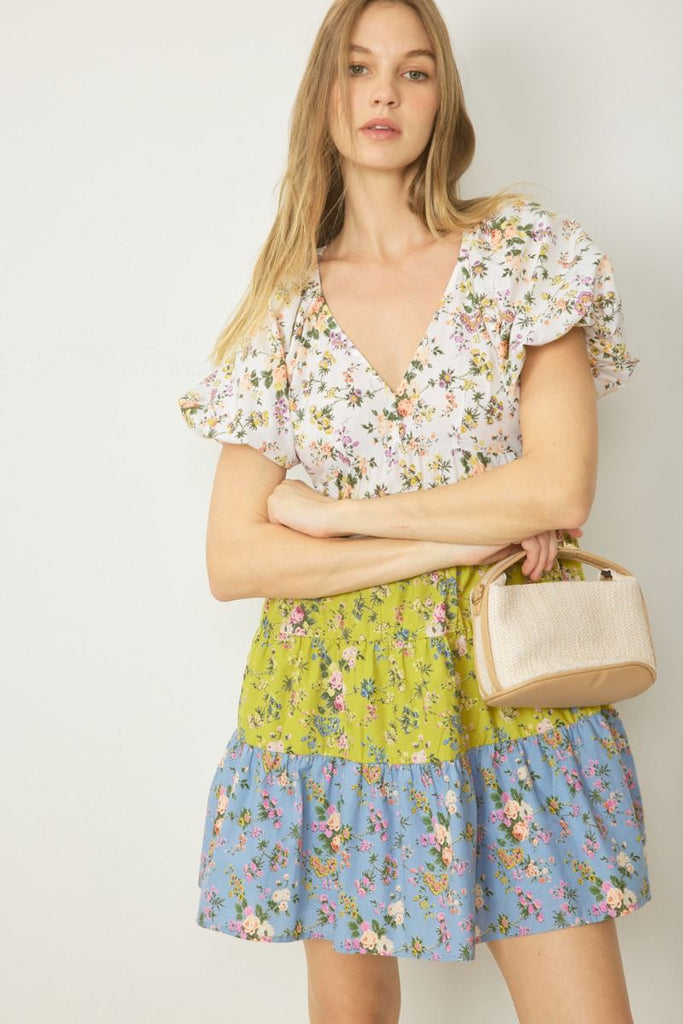 Ozzy Colorblock Floral Print V Neck Dress - Be You Boutique