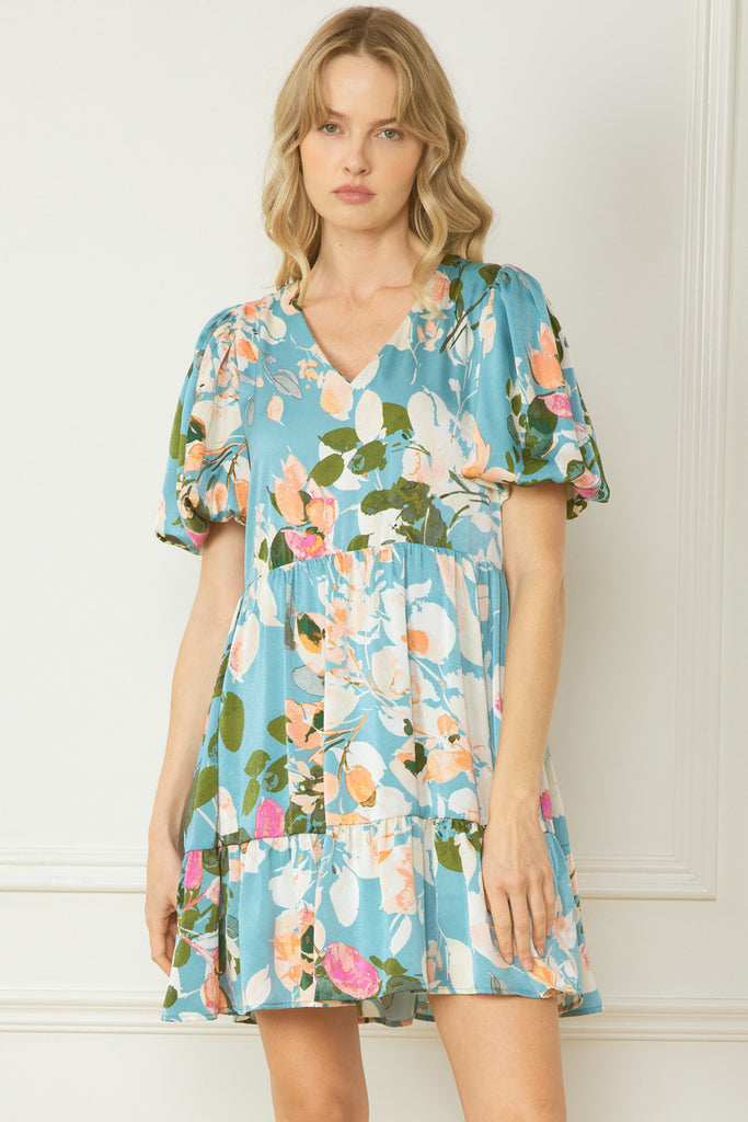 Colter Satin Floral Print V Neck Puff Sleeve Dress - Be You Boutique