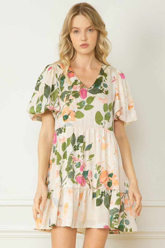Colter Satin Floral Print V Neck Puff Sleeve Dress - Be You Boutique
