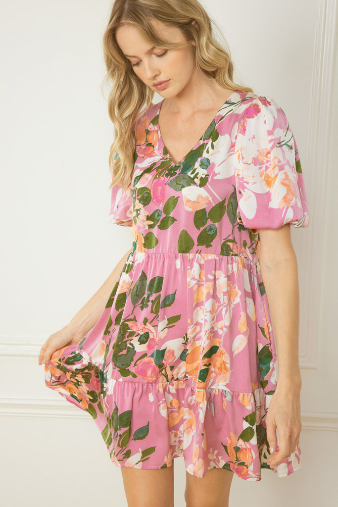 Colter Satin Floral Print V Neck Puff Sleeve Dress - Be You Boutique