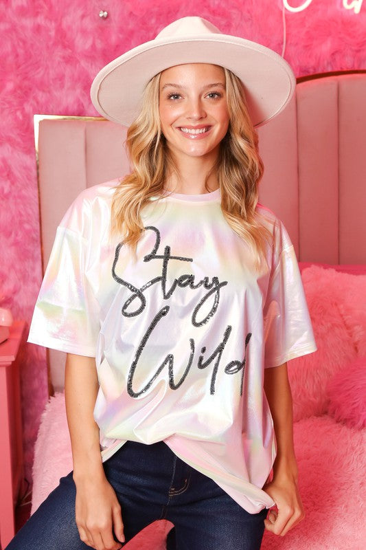 Stay Wild Iridescent Short Sleeve Sequin Hologram Top - Be You Boutique
