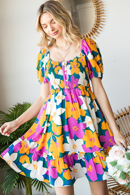 Tabby Floral Print Smocked Button Chest Ruffled Dress - Be You Boutique