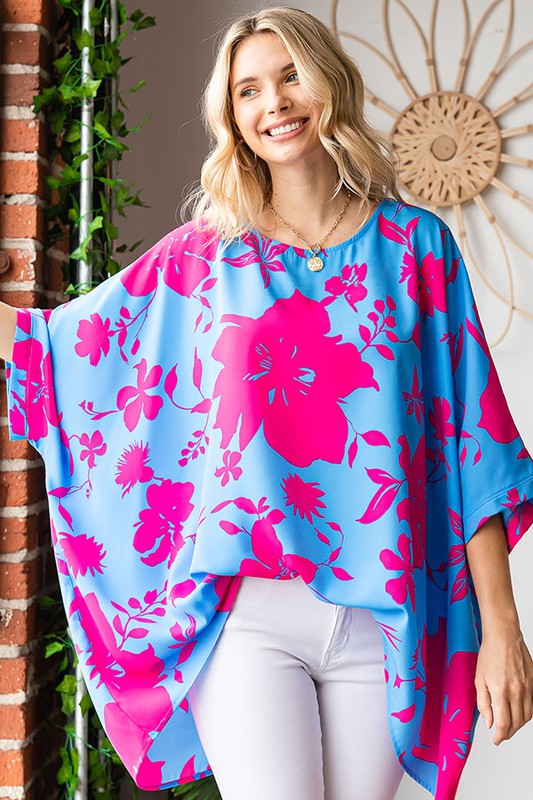 Fiona Floral Print Banded Cuff Loose Fit Poncho Top - Be You Boutique