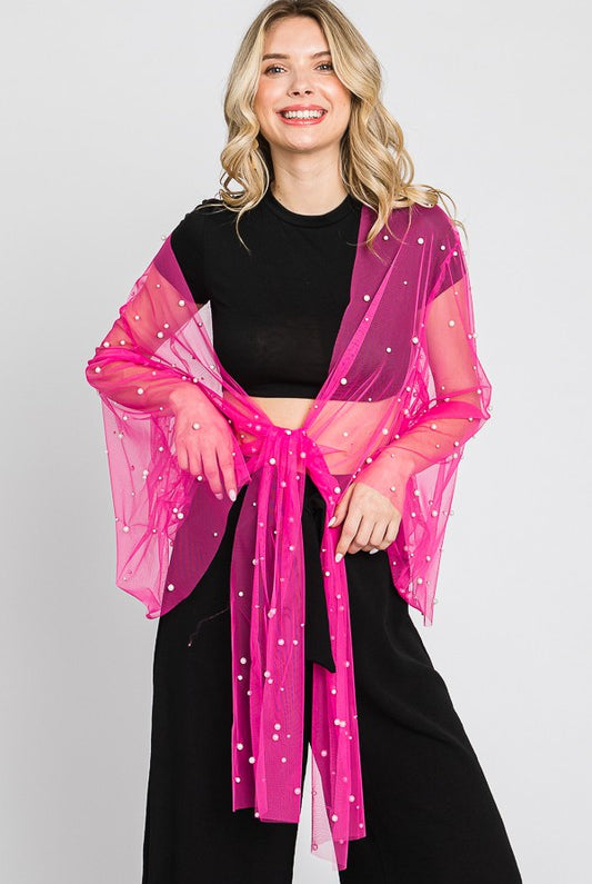 Sunni Sheer Mesh Kimono Top with Front Tie and Pearl Detailing - Be You Boutique