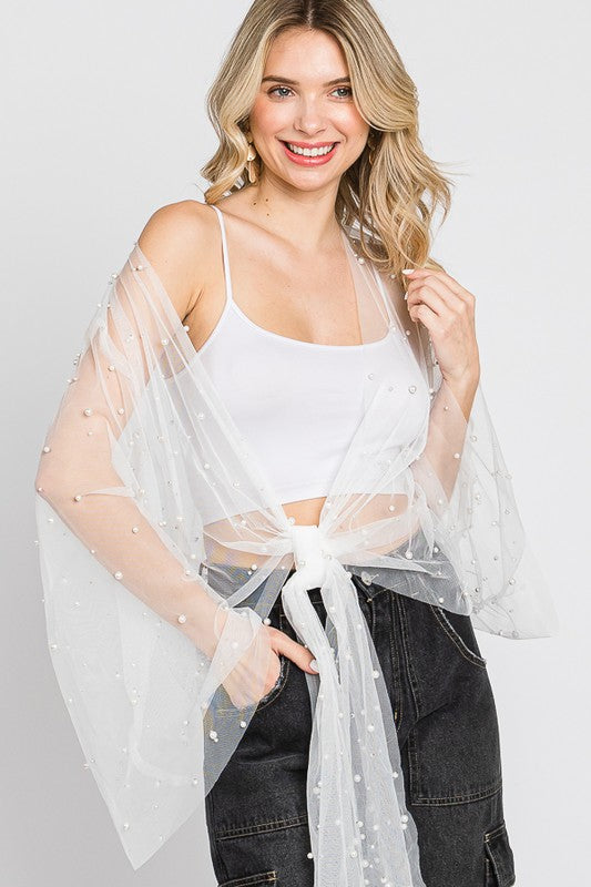 Sunni Sheer Mesh Kimono Top with Front Tie and Pearl Detailing - Be You Boutique