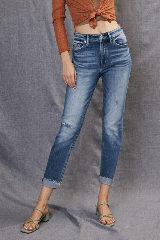 Kancan Kaly High Rise Cuffed Slim Straight Jeans - Be You Boutique