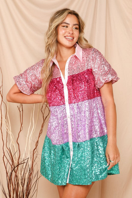 Sylvia Collared Color Block Sequins Tiered Shirt Dress - Be You Boutique