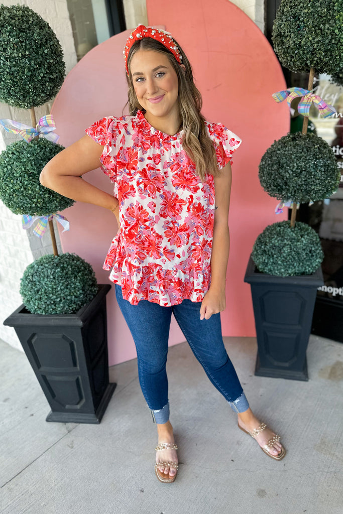 Carissa Flower Print Ruffled Neck Top - Be You Boutique