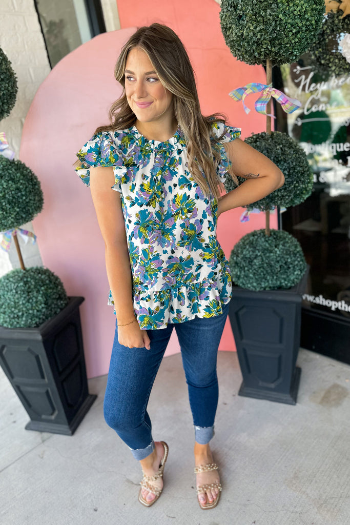 Carissa Flower Print Ruffled Neck Top - Be You Boutique
