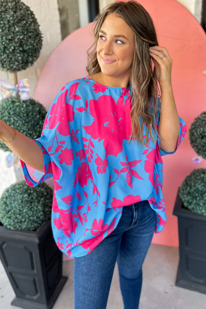 Fiona Floral Print Banded Cuff Loose Fit Poncho Top - Be You Boutique