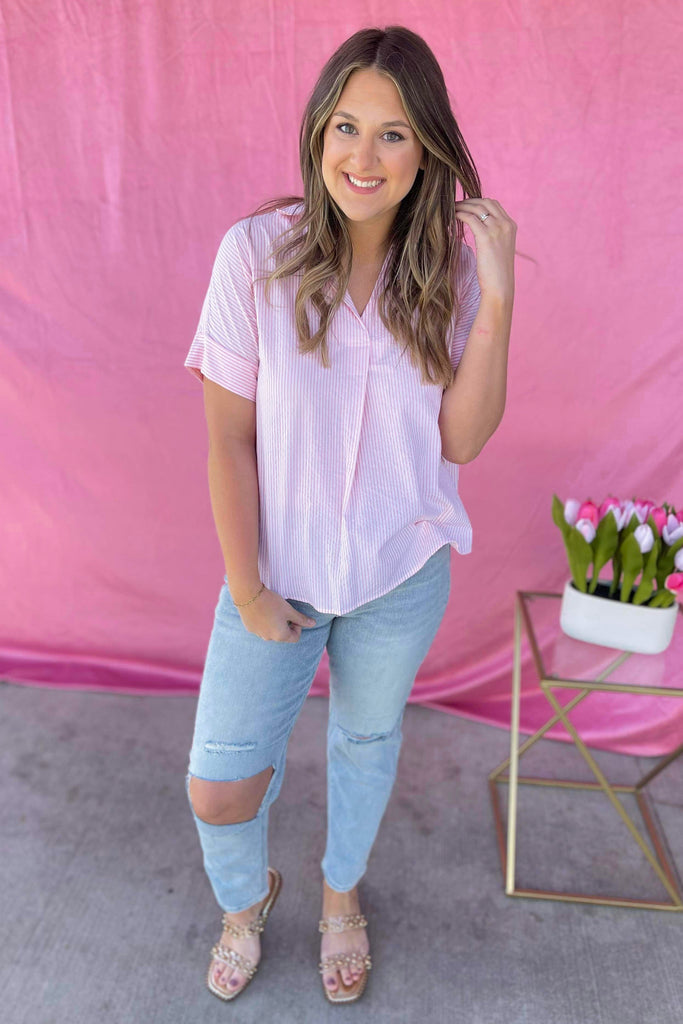 Morty Striped Front Pleated Collared Back Button Shirt Top - Be You Boutique