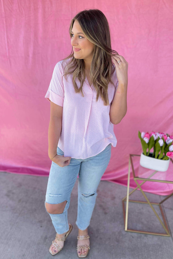 Morty Striped Front Pleated Collared Back Button Shirt Top - Be You Boutique