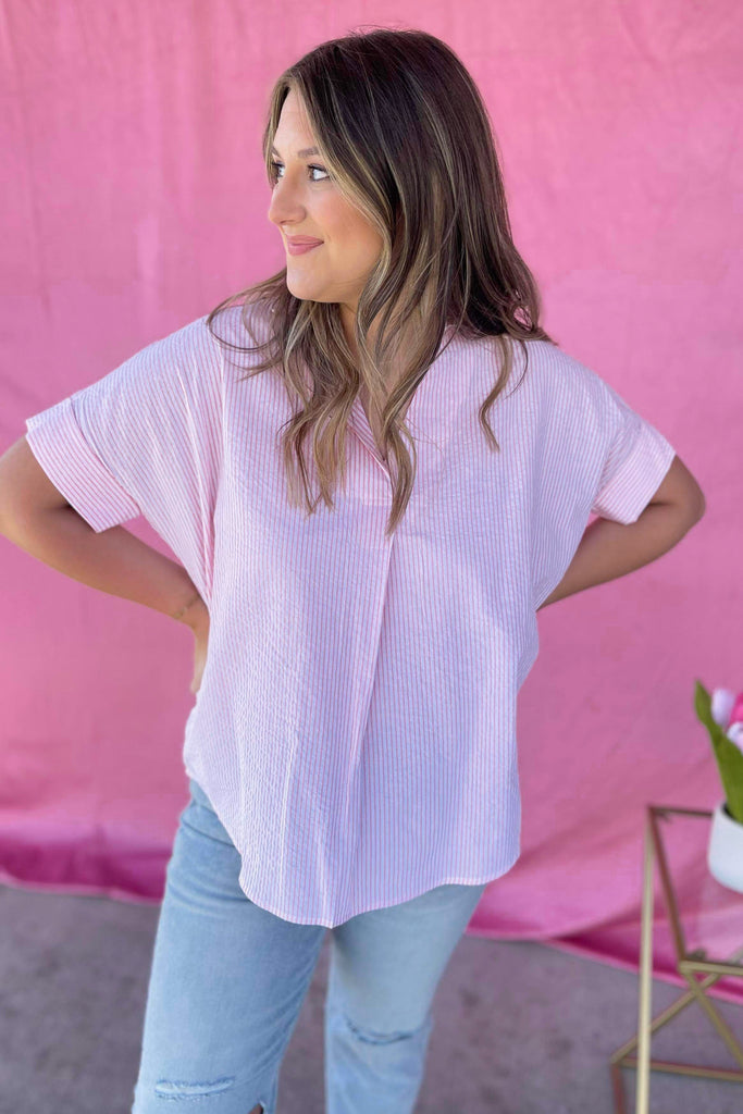 Morty Striped Front Pleated Collared Back Button Shirt Top - Be You Boutique