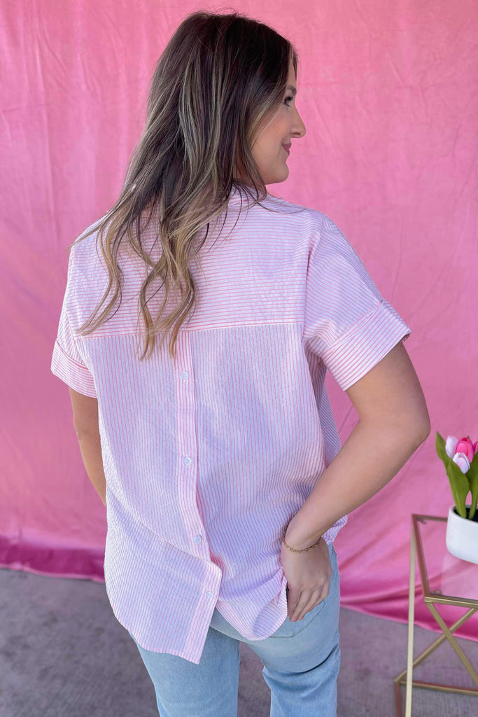 Morty Striped Front Pleated Collared Back Button Shirt Top - Be You Boutique