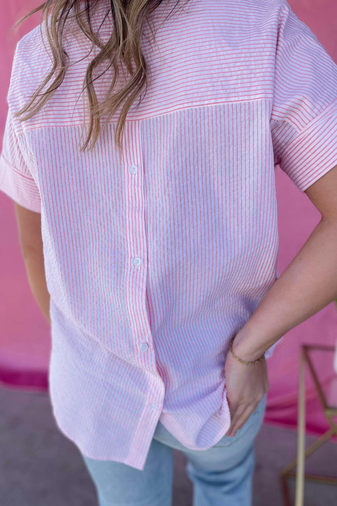 Morty Striped Front Pleated Collared Back Button Shirt Top - Be You Boutique