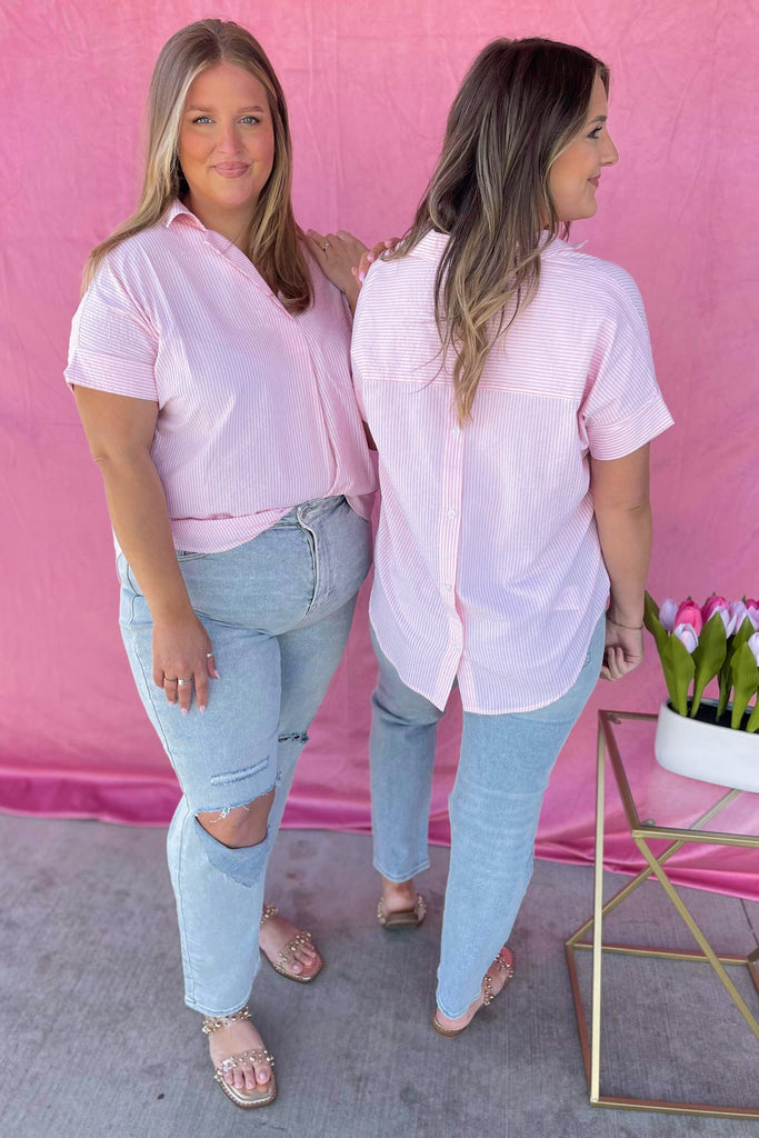 Morty Striped Front Pleated Collared Back Button Shirt Top - Be You Boutique