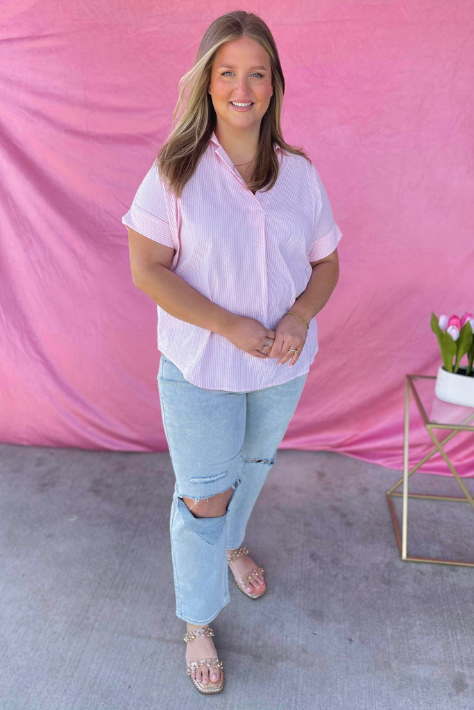 Morty Striped Front Pleated Collared Back Button Shirt Top - Be You Boutique