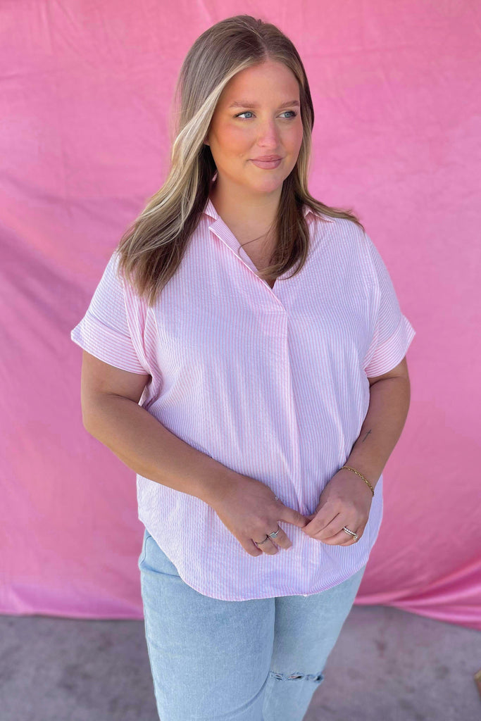 Morty Striped Front Pleated Collared Back Button Shirt Top - Be You Boutique