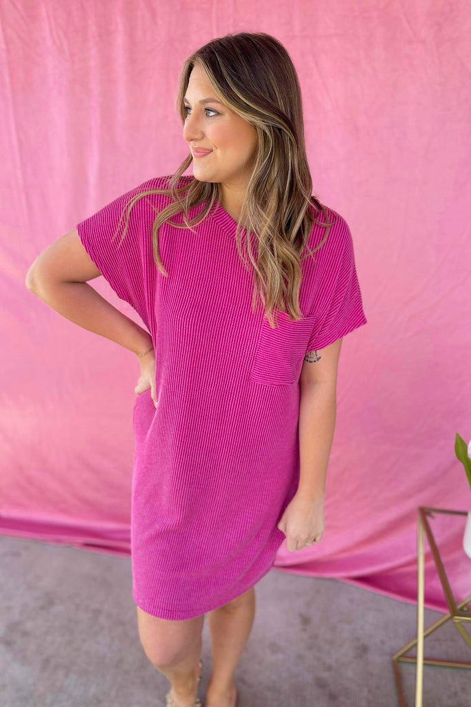 Cameron Ribbed Round Neck Short Sleeve Dress - Be You Boutique