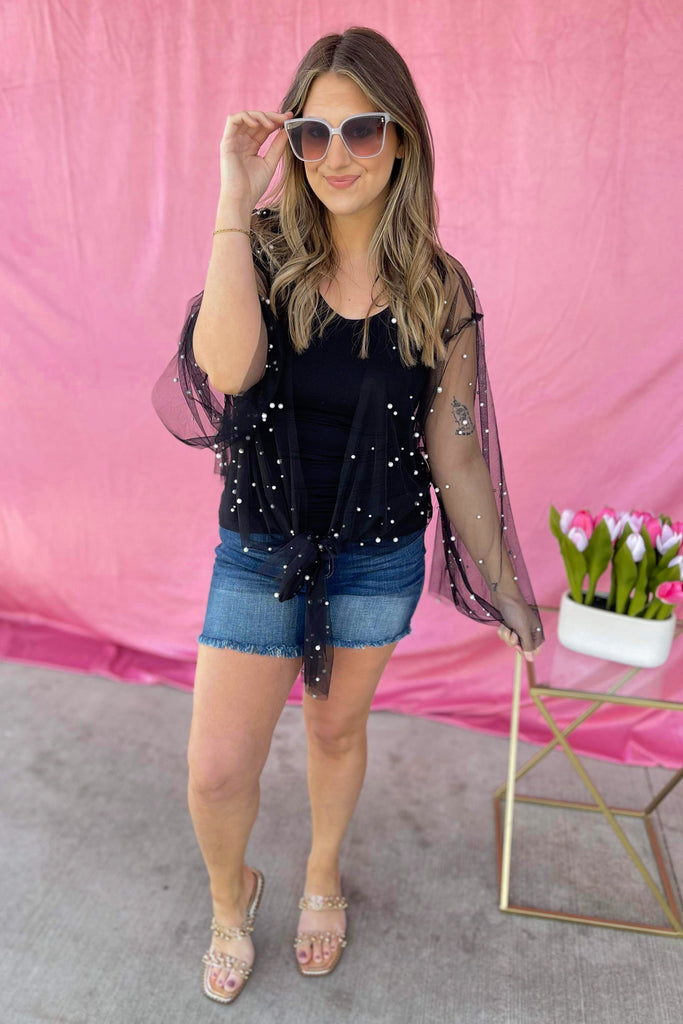Sunni Sheer Mesh Kimono Top with Front Tie and Pearl Detailing - Be You Boutique