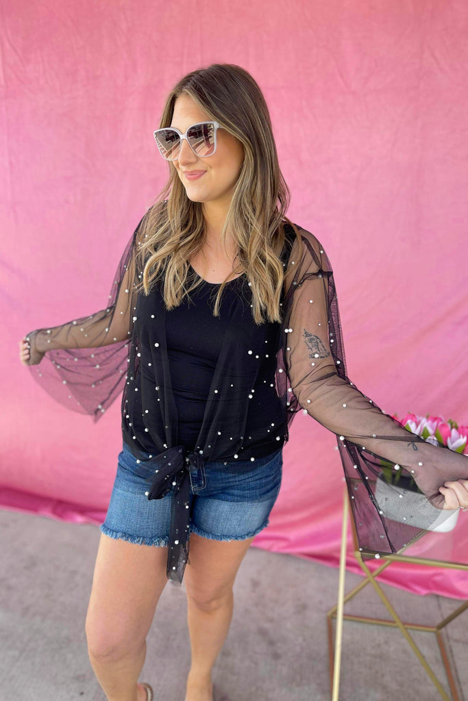 Sunni Sheer Mesh Kimono Top with Front Tie and Pearl Detailing - Be You Boutique
