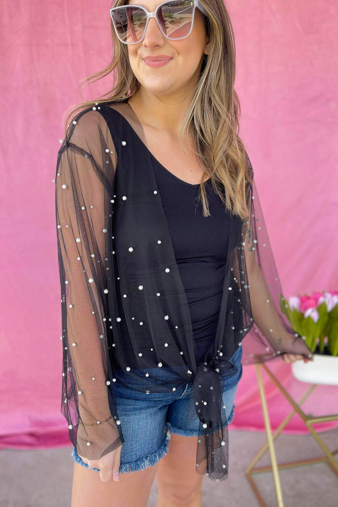 Sunni Sheer Mesh Kimono Top with Front Tie and Pearl Detailing - Be You Boutique