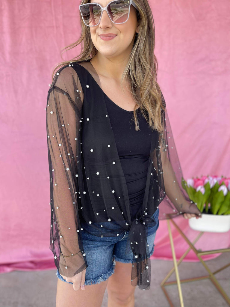 Sunni Sheer Mesh Kimono Top with Front Tie and Pearl Detailing - Be You Boutique