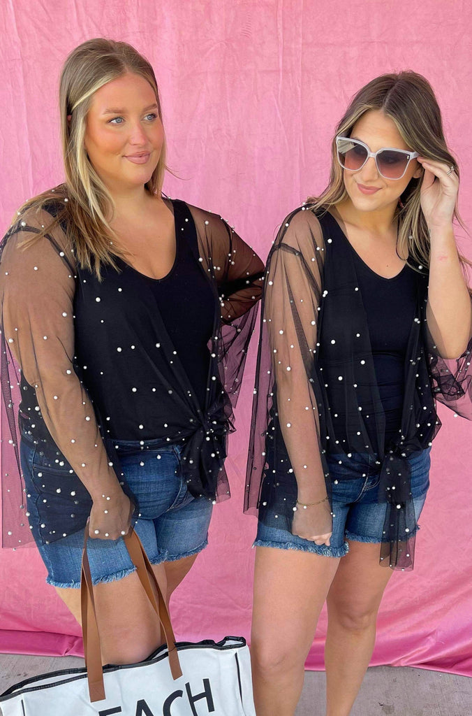 Sunni Sheer Mesh Kimono Top with Front Tie and Pearl Detailing - Be You Boutique