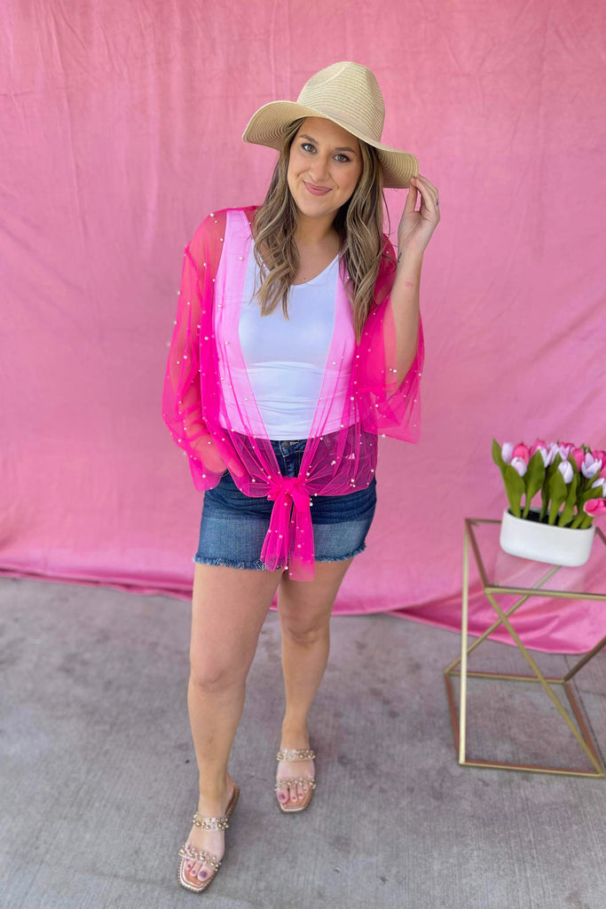 Sunni Sheer Mesh Kimono Top with Front Tie and Pearl Detailing - Be You Boutique