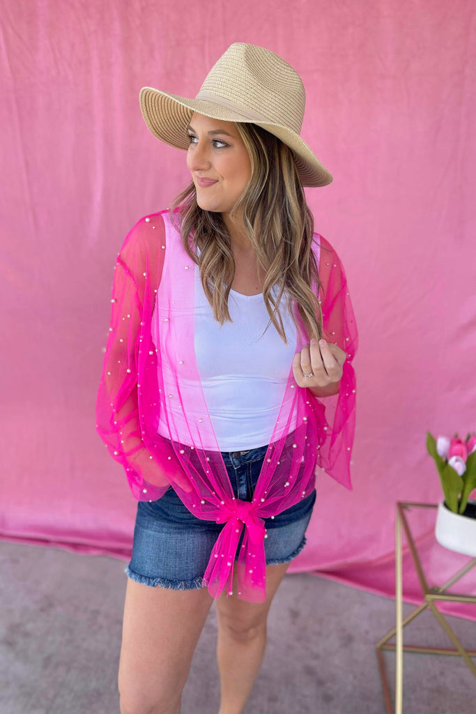 Sunni Sheer Mesh Kimono Top with Front Tie and Pearl Detailing - Be You Boutique