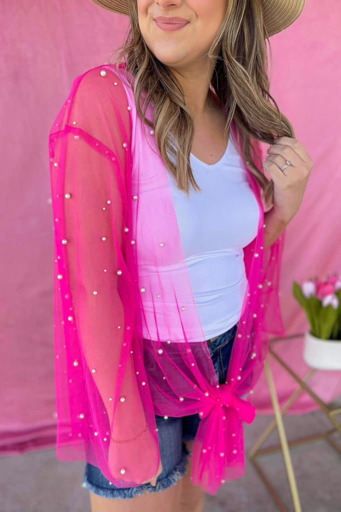Sunni Sheer Mesh Kimono Top with Front Tie and Pearl Detailing - Be You Boutique