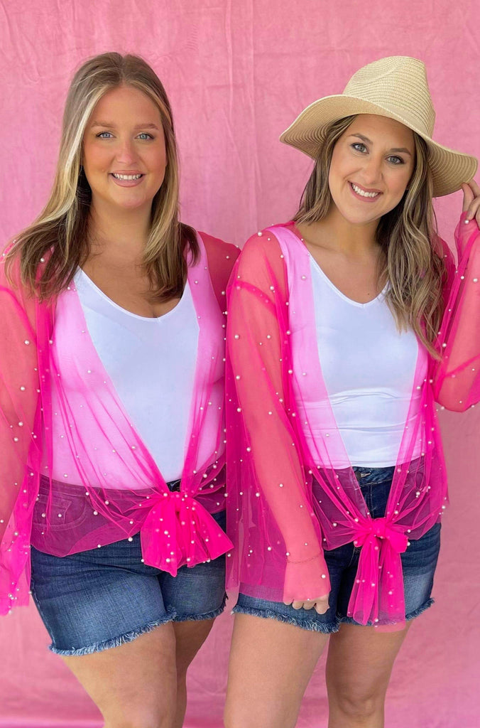 Sunni Sheer Mesh Kimono Top with Front Tie and Pearl Detailing - Be You Boutique