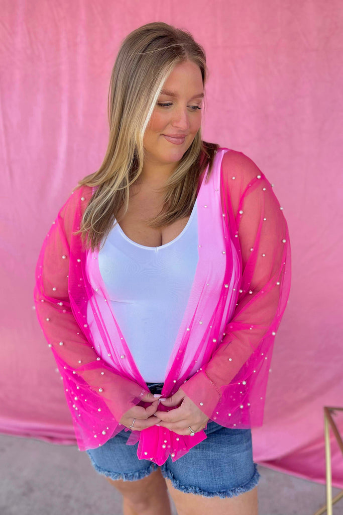 Sunni Sheer Mesh Kimono Top with Front Tie and Pearl Detailing - Be You Boutique