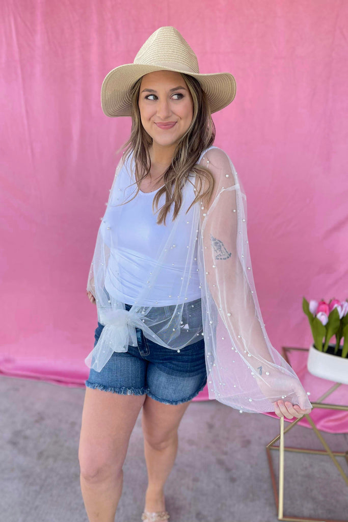 Sunni Sheer Mesh Kimono Top with Front Tie and Pearl Detailing - Be You Boutique