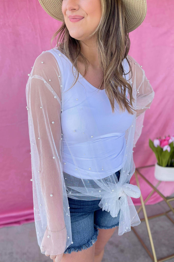 Sunni Sheer Mesh Kimono Top with Front Tie and Pearl Detailing - Be You Boutique
