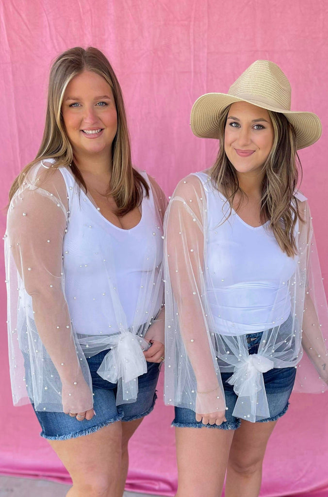 Sunni Sheer Mesh Kimono Top with Front Tie and Pearl Detailing - Be You Boutique