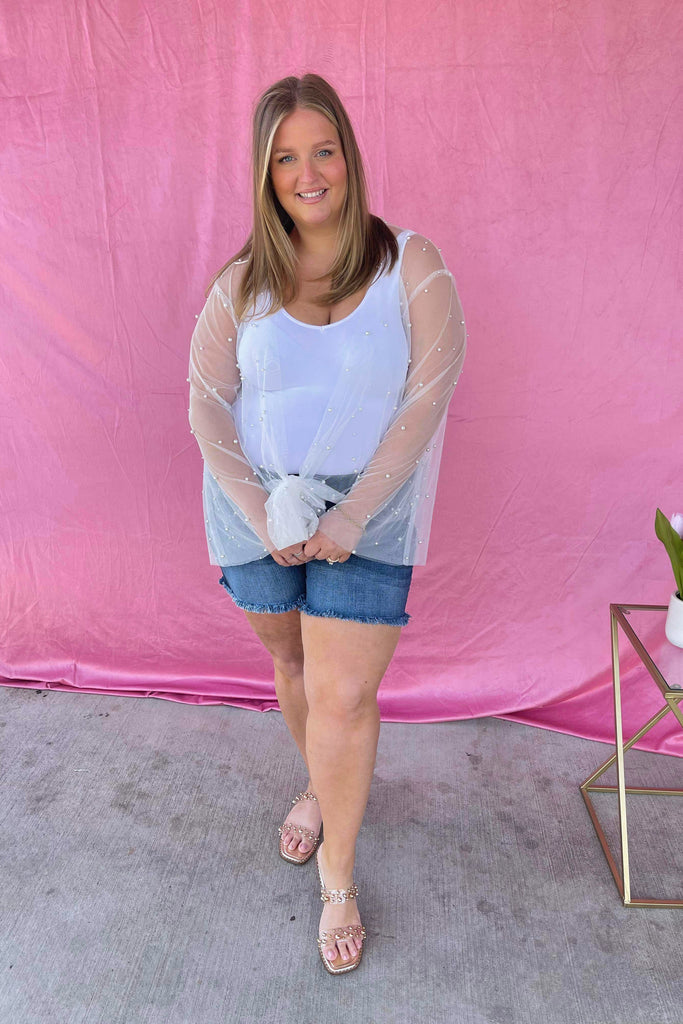 Sunni Sheer Mesh Kimono Top with Front Tie and Pearl Detailing - Be You Boutique